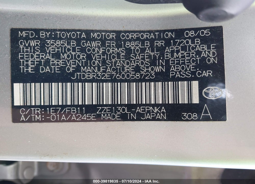 2006 TOYOTA COROLLA LE VIN: JTDBR32E760058723