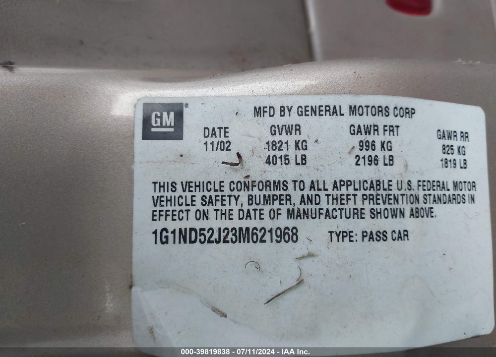 2003 CHEVROLET MALIBU VIN: 1G1ND52J23M621968
