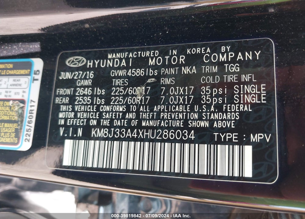 2017 HYUNDAI TUCSON SE VIN: KM8J33A4XHU286034