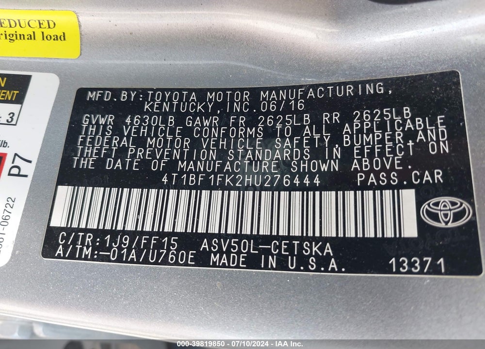 2017 TOYOTA CAMRY SE VIN: 4T1BF1FK2HU276444