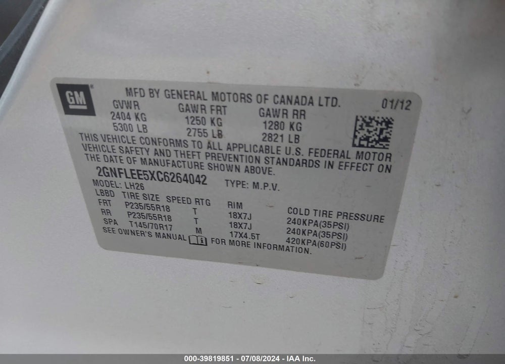 2012 CHEVROLET EQUINOX 1LT VIN: 2GNFLEE5XC6264042