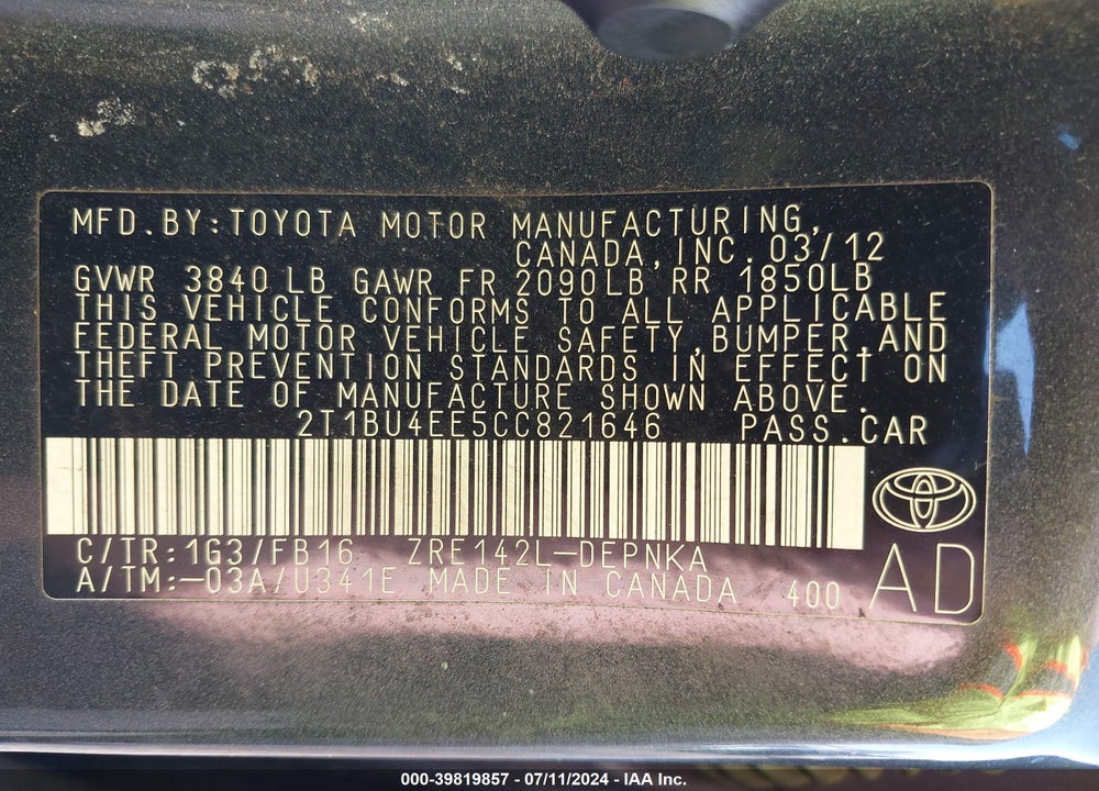 2012 TOYOTA COROLLA LE VIN: 2T1BU4EE5CC821646