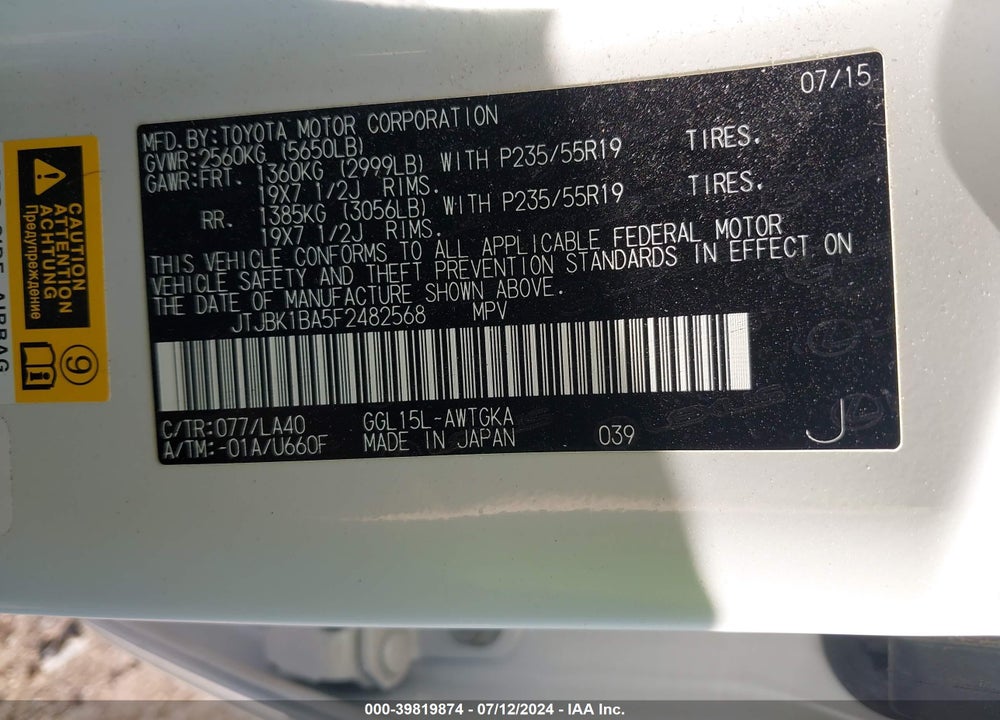 2015 LEXUS RX 350 VIN: JTJBK1BA5F2482568