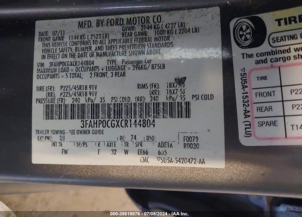 2012 FORD FUSION SEL VIN: 3FAHP0CGXCR144804