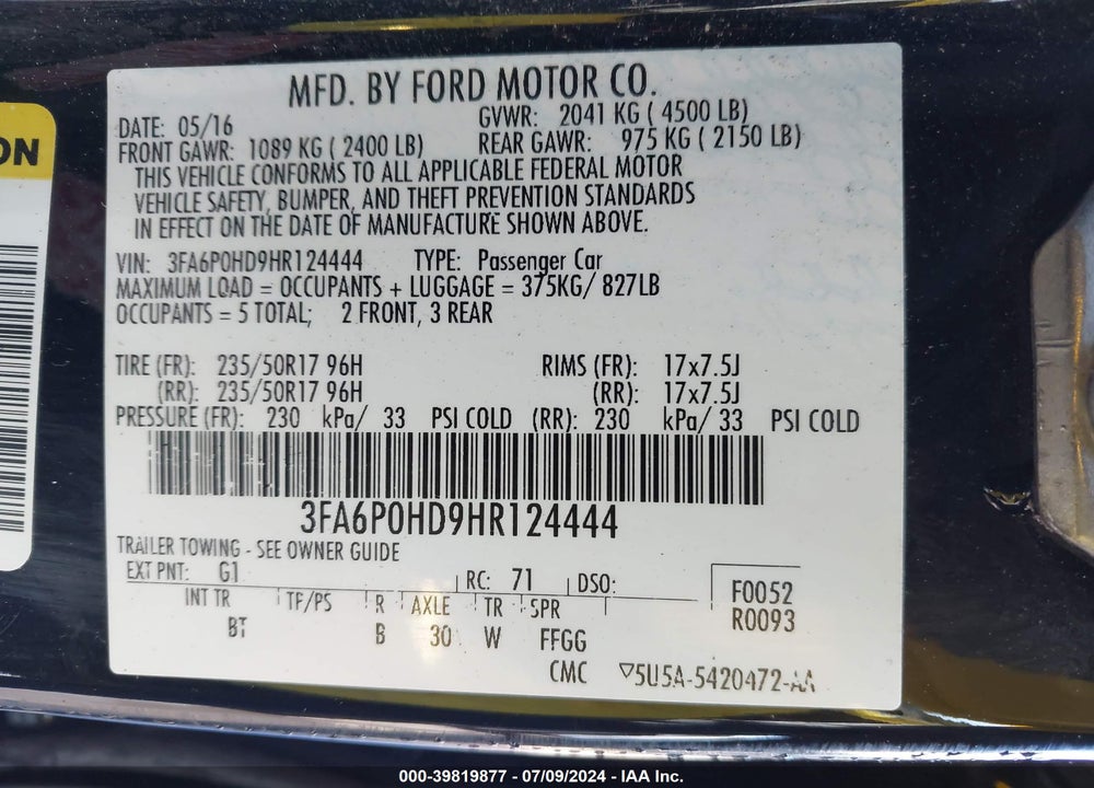 2017 FORD FUSION SE VIN: 3FA6P0HD9HR124444