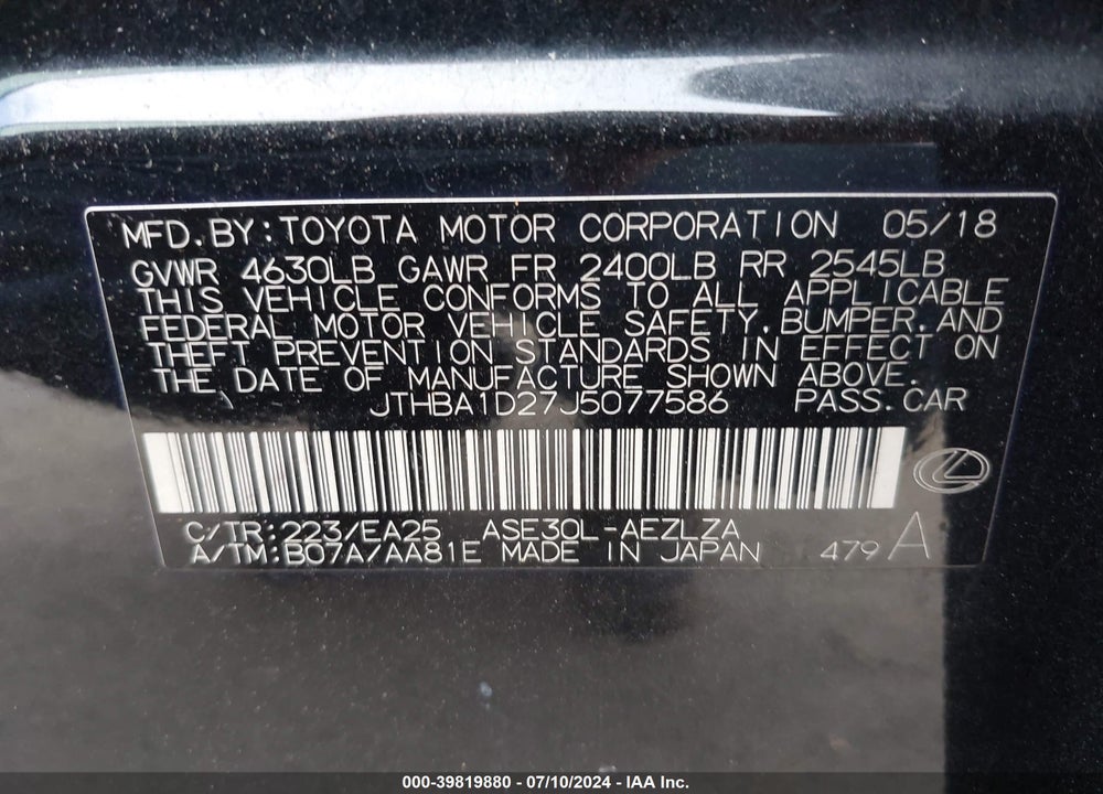 2018 LEXUS IS 300 VIN: JTHBA1D27J5077586