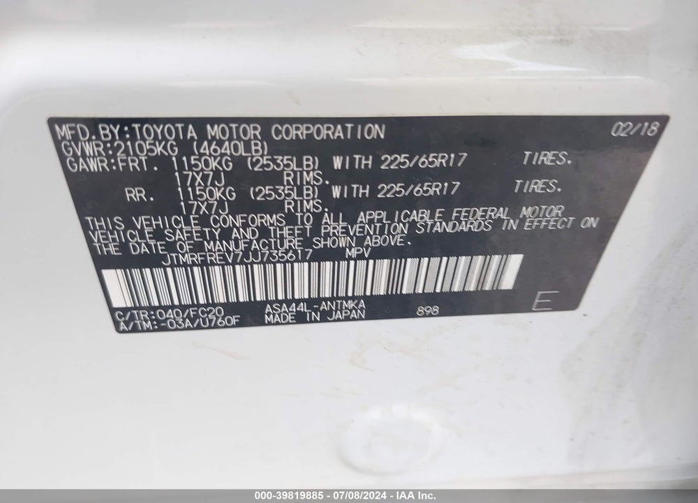 2018 TOYOTA RAV4 XLE VIN: JTMRFREV7JJ735617