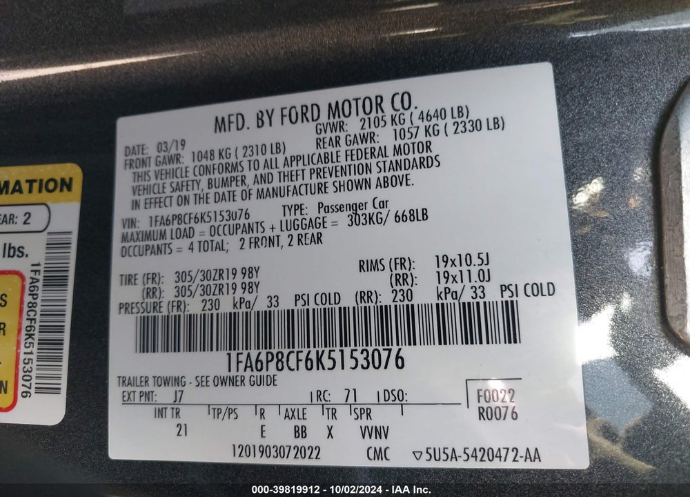 2019 FORD MUSTANG GT VIN: 1FA6P8CF6K5153076