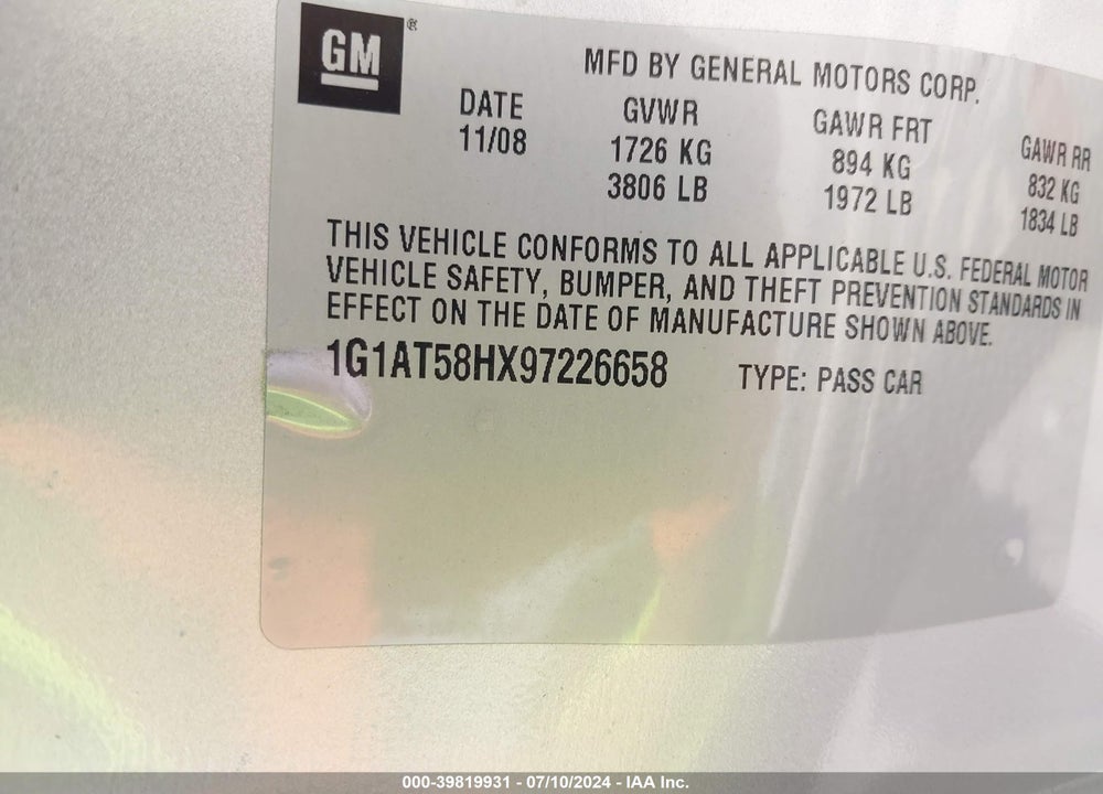 2009 CHEVROLET COBALT LT VIN: 1G1AT58HX97226658