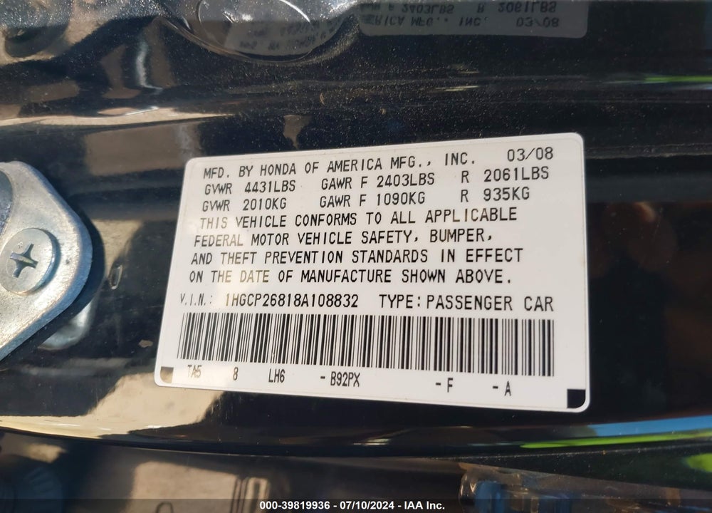 2008 HONDA ACCORD 2.4 EX-L VIN: 1HGCP26818A108832