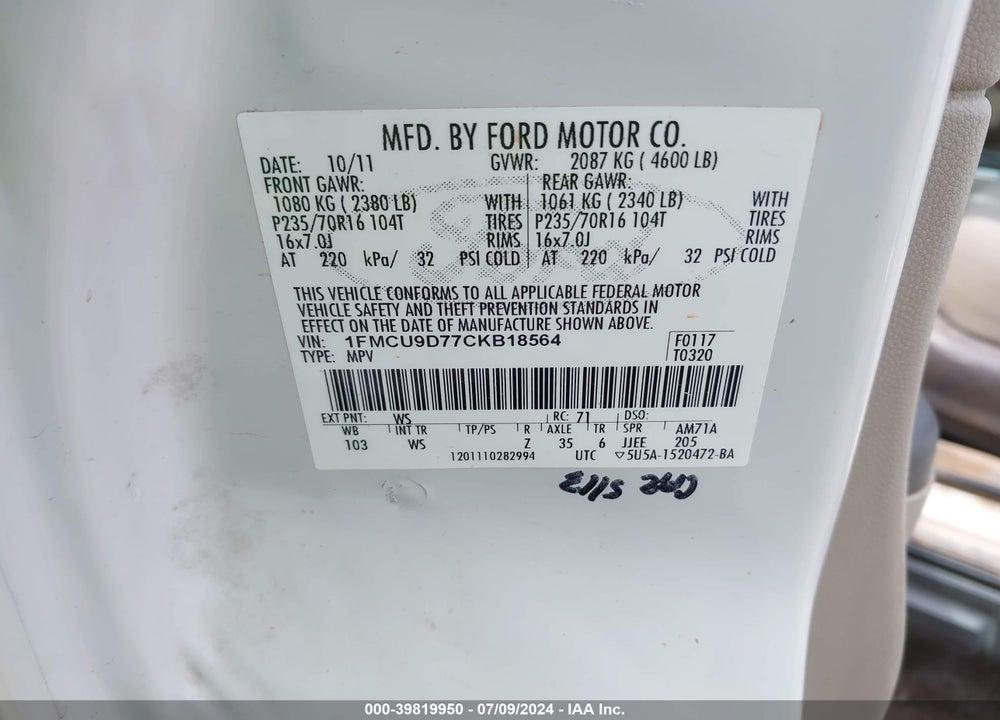 2012 FORD ESCAPE XLT VIN: 1FMCU9D77CKB18564