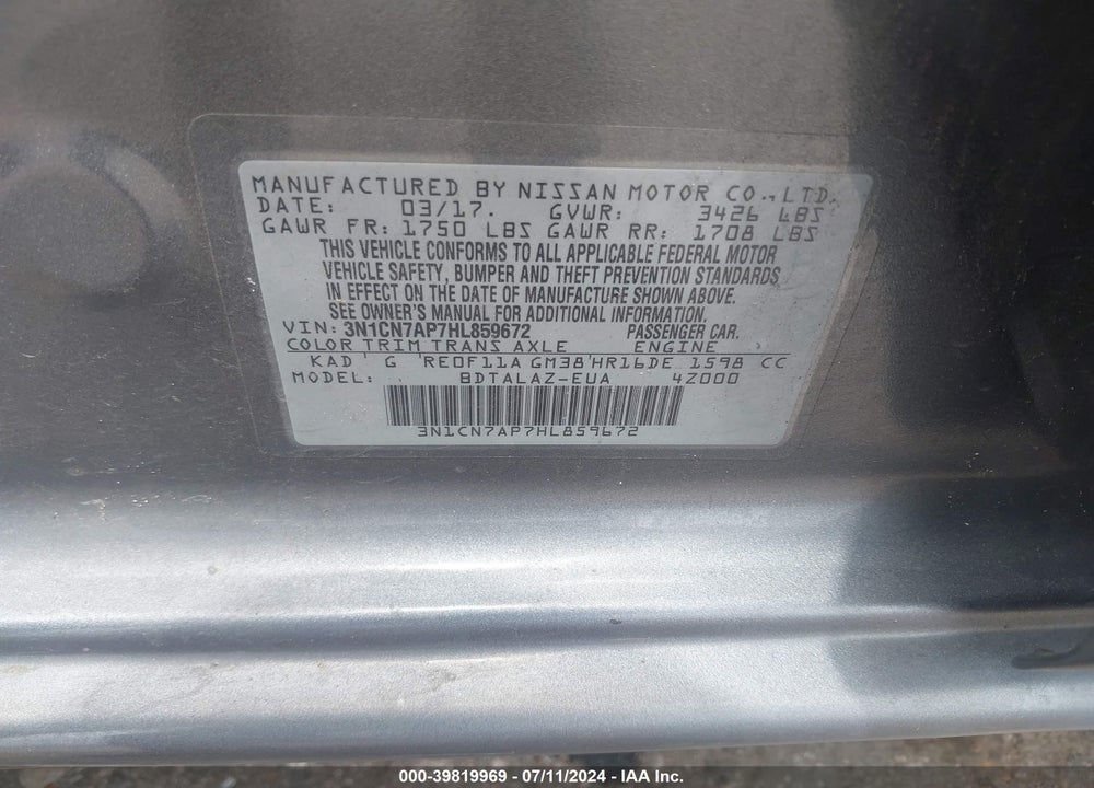 2017 NISSAN VERSA 1.6 S+ VIN: 3N1CN7AP7HL859672