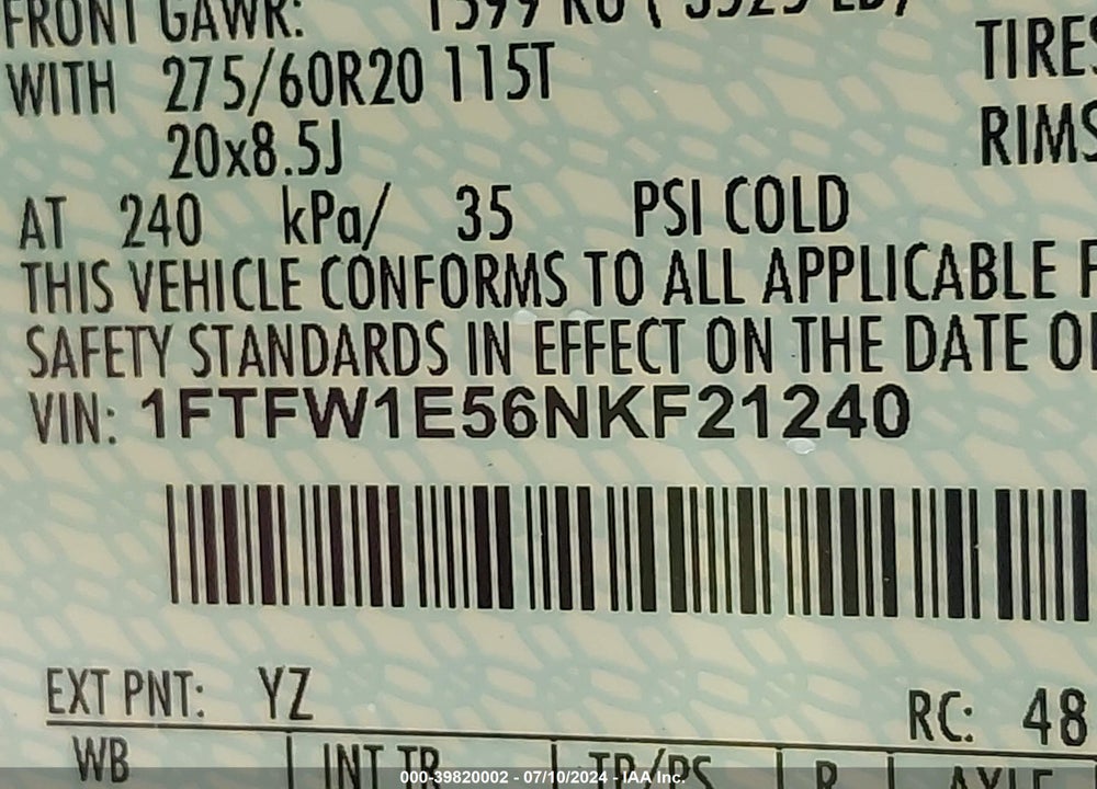 2022 FORD F-150 XLT VIN: 1FTFW1E56NKF21240
