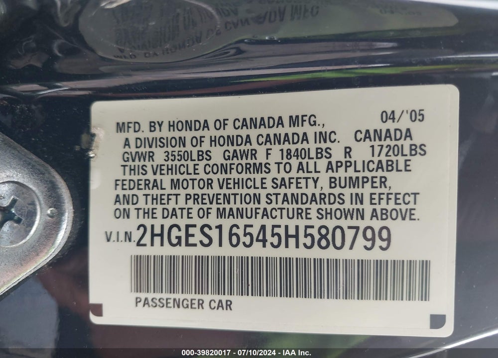 2005 HONDA CIVIC LX VIN: 2HGES16545H580799