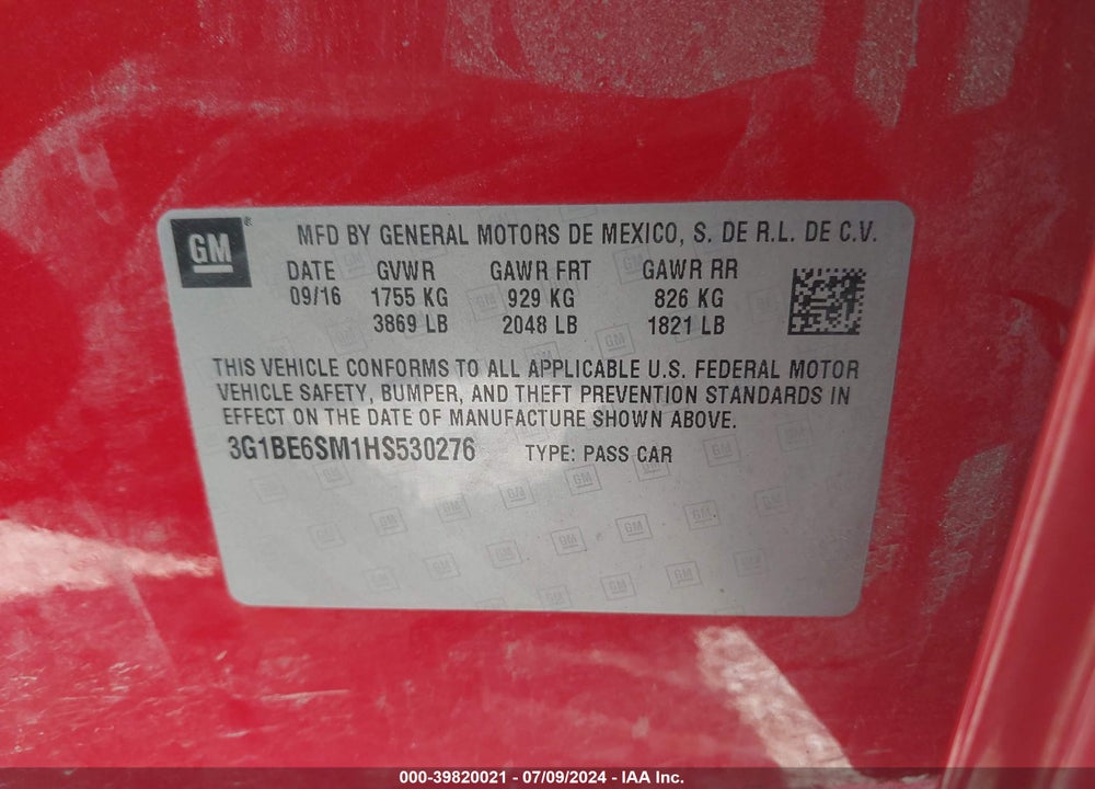 2017 CHEVROLET CRUZE LT AUTO VIN: 3G1BE6SM1HS530276