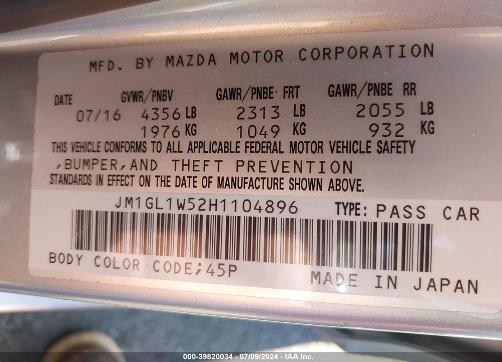 2017 MAZDA 6 GRAND TOURING VIN: JM1GL1W52H1104896