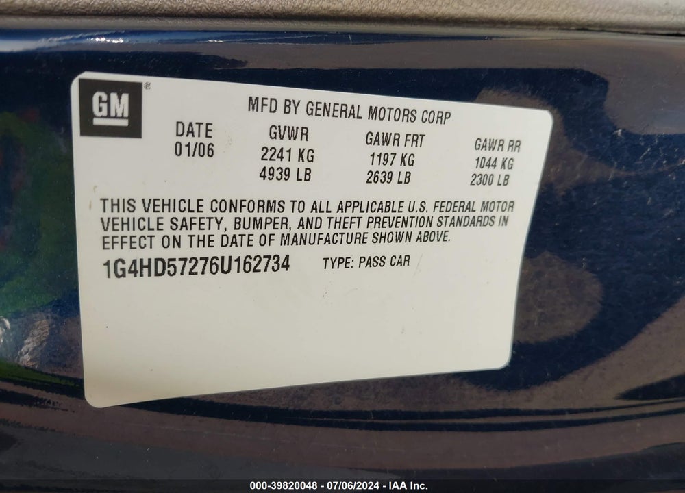 2006 BUICK LUCERNE VIN: 1G4HD57276U162734
