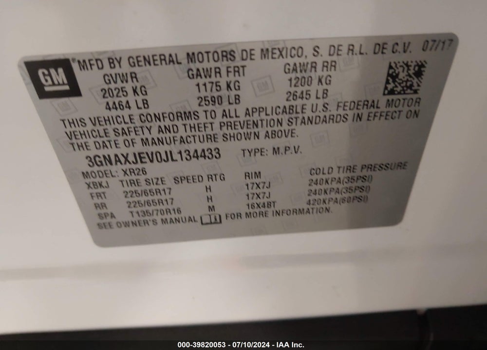 2018 CHEVROLET EQUINOX LT VIN: 3GNAXJEV0JL134433