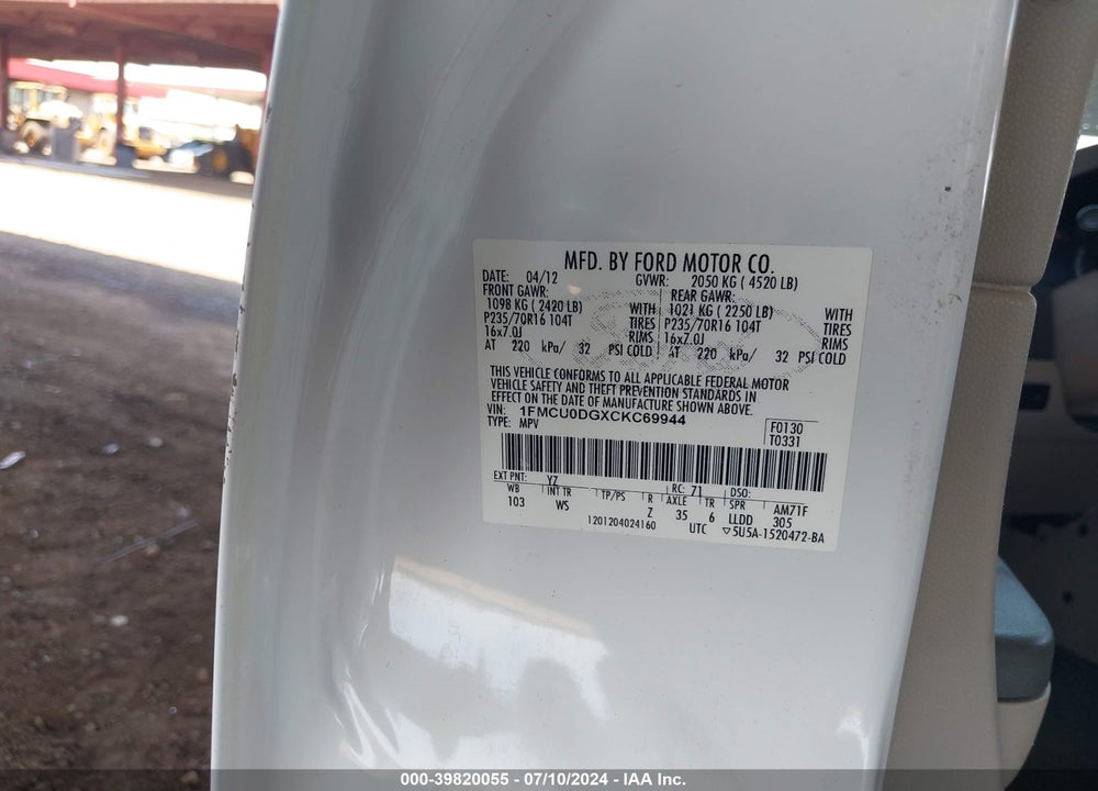2012 FORD ESCAPE XLT VIN: 1FMCU0DGXCKC69944