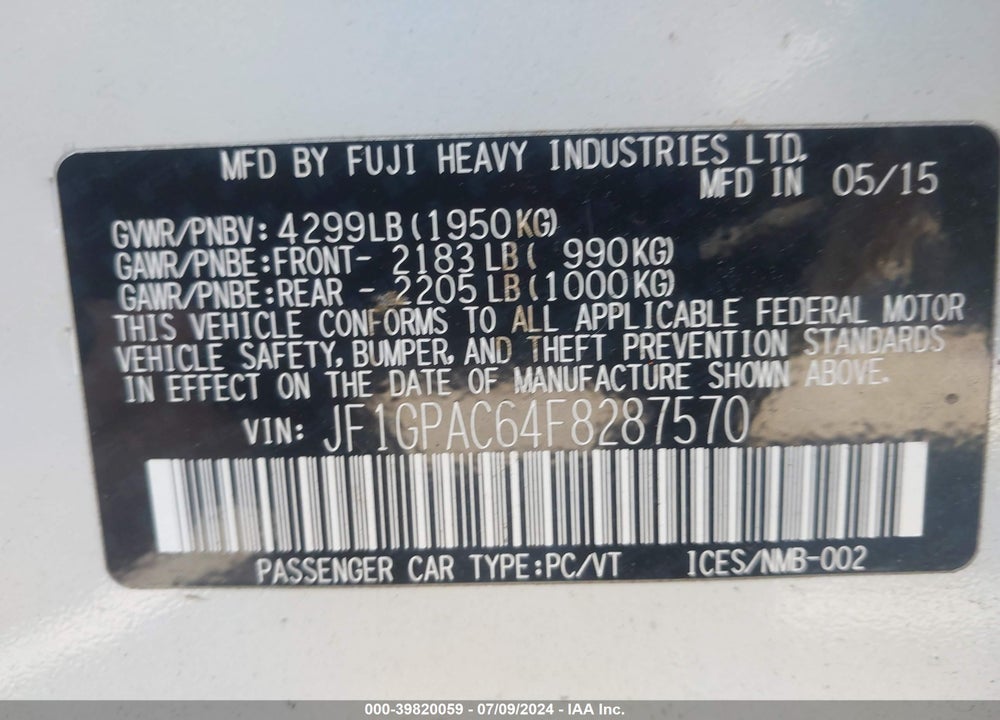 2015 SUBARU IMPREZA 2.0I PREMIUM VIN: JF1GPAC64F8287570