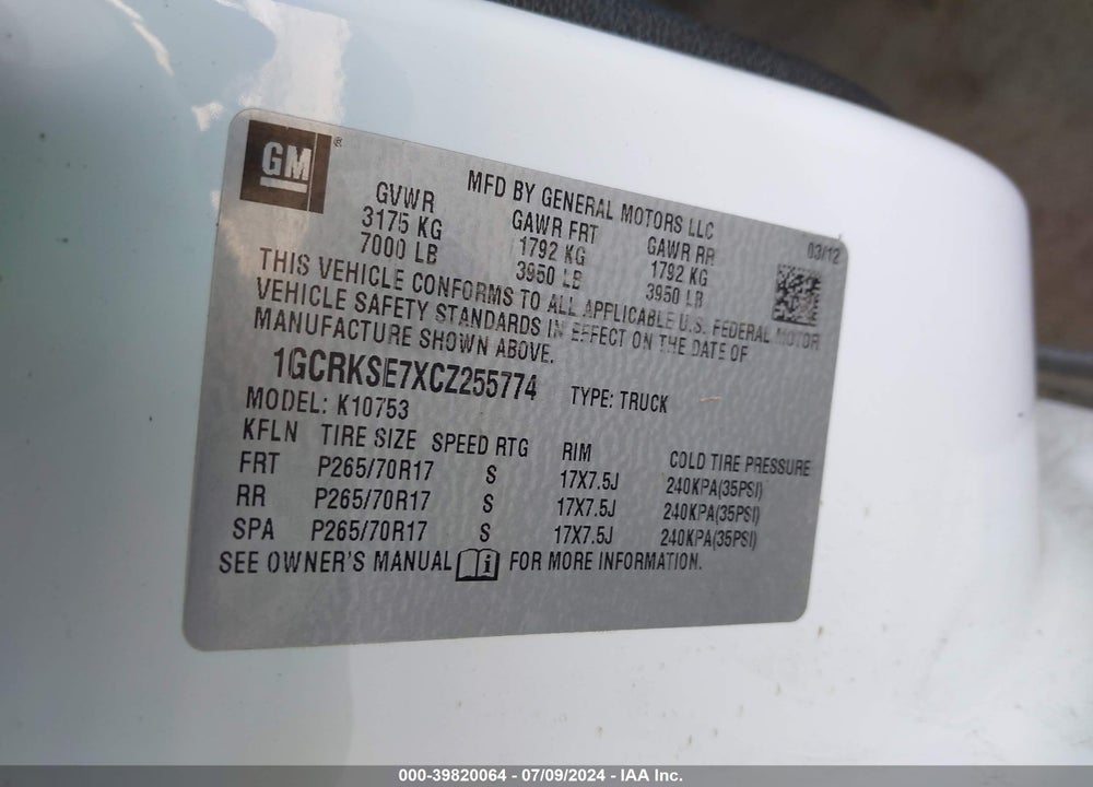 2012 CHEVROLET SILVERADO 1500 LT VIN: 1GCRKSE7XCZ255774