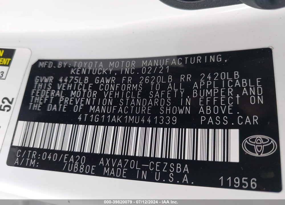2021 TOYOTA CAMRY SE VIN: 4T1G11AK1MU441339