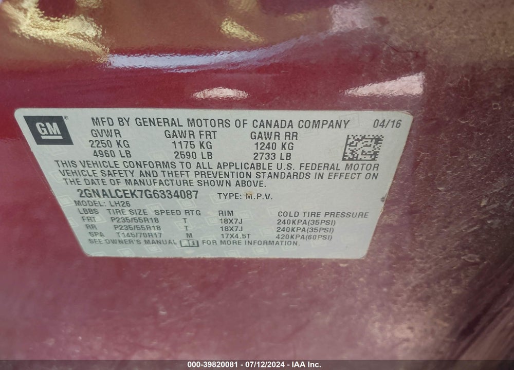 2016 CHEVROLET EQUINOX LT VIN: 2GNALCEK7G6334087