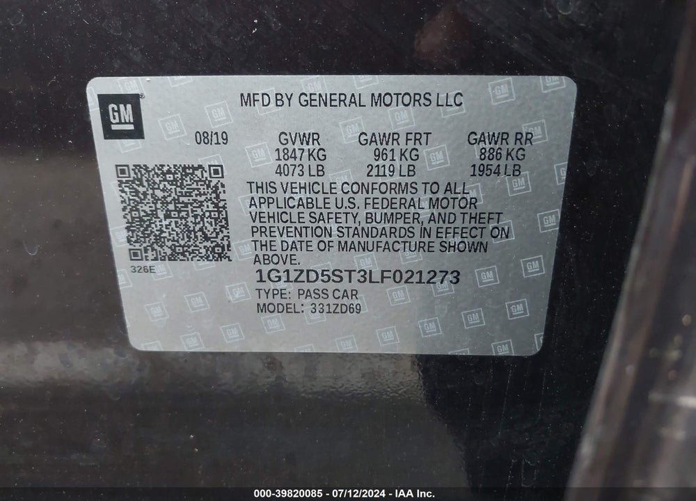 2020 CHEVROLET MALIBU FWD LT VIN: 1G1ZD5ST3LF021273