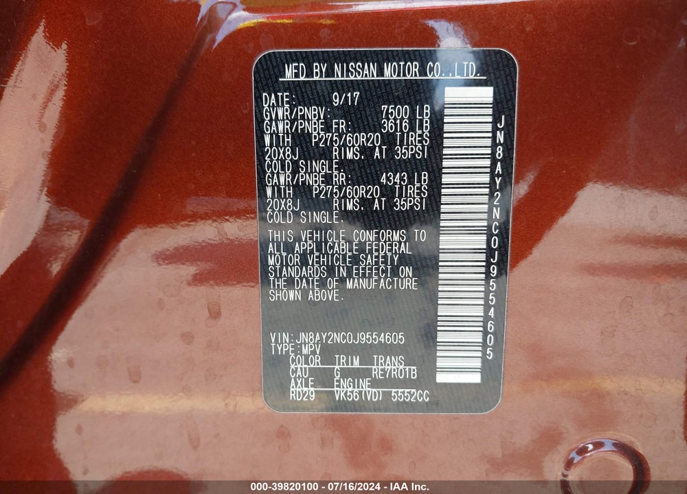 2018 NISSAN ARMADA PLATINUM VIN: JN8AY2NC0J9554605