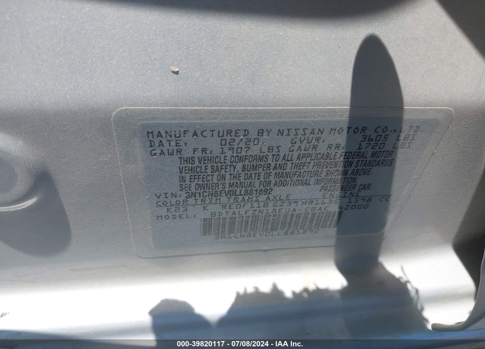 2020 NISSAN VERSA SV XTRONIC CVT VIN: 3N1CN8EV0LL881892