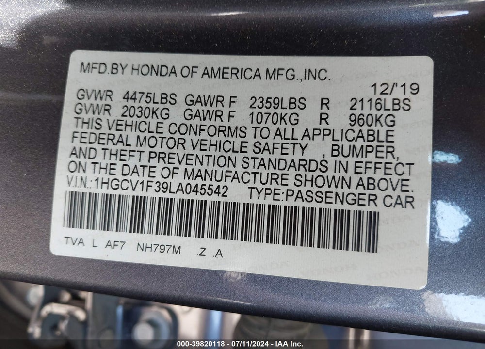 2020 HONDA ACCORD SPORT VIN: 1HGCV1F39LA045542