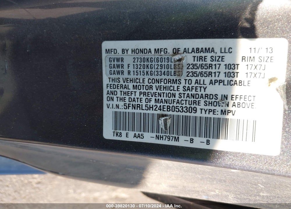 2014 HONDA ODYSSEY LX VIN: 5FNRL5H24EB053309
