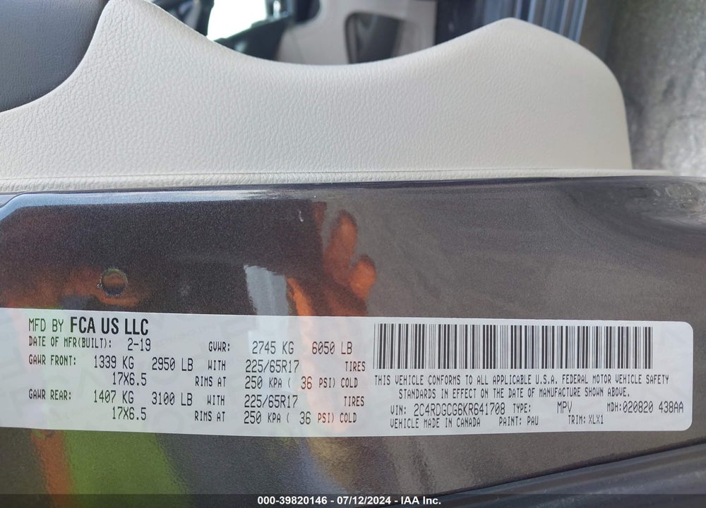 2019 DODGE GRAND CARAVAN SXT VIN: 2C4RDGCG6KR641708