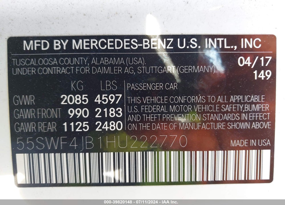 2017 MERCEDES-BENZ C 300 VIN: 55SWF4JB1HU222770
