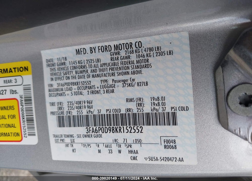 2019 FORD FUSION TITANIUM VIN: 3FA6P0D98KR152552