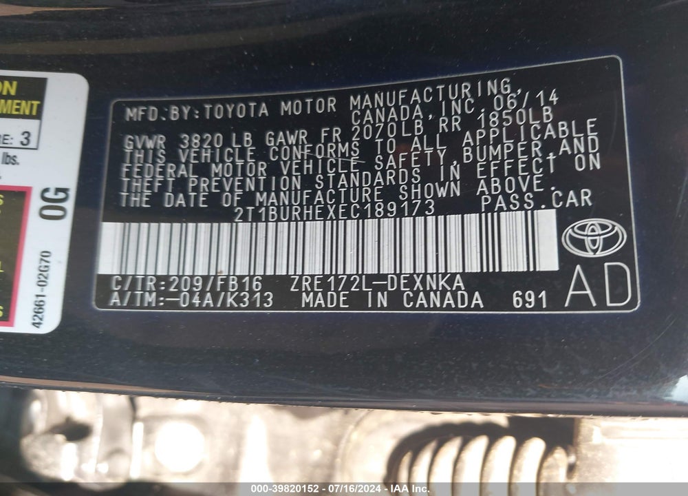2014 TOYOTA COROLLA LE VIN: 2T1BURHEXEC189173