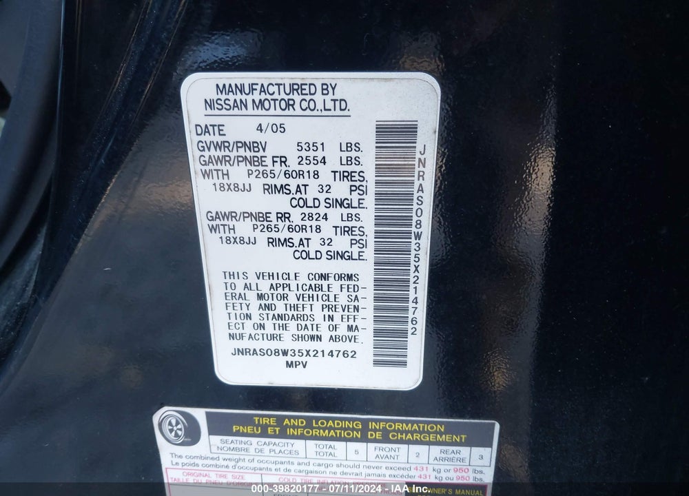 2005 INFINITI FX35 VIN: JNRAS08W35X214762