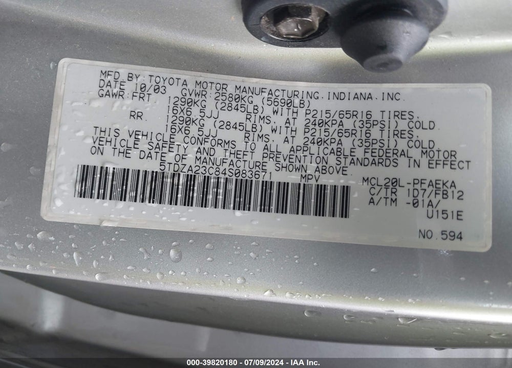 2004 TOYOTA SIENNA LE VIN: 5TDZA23C84S083671