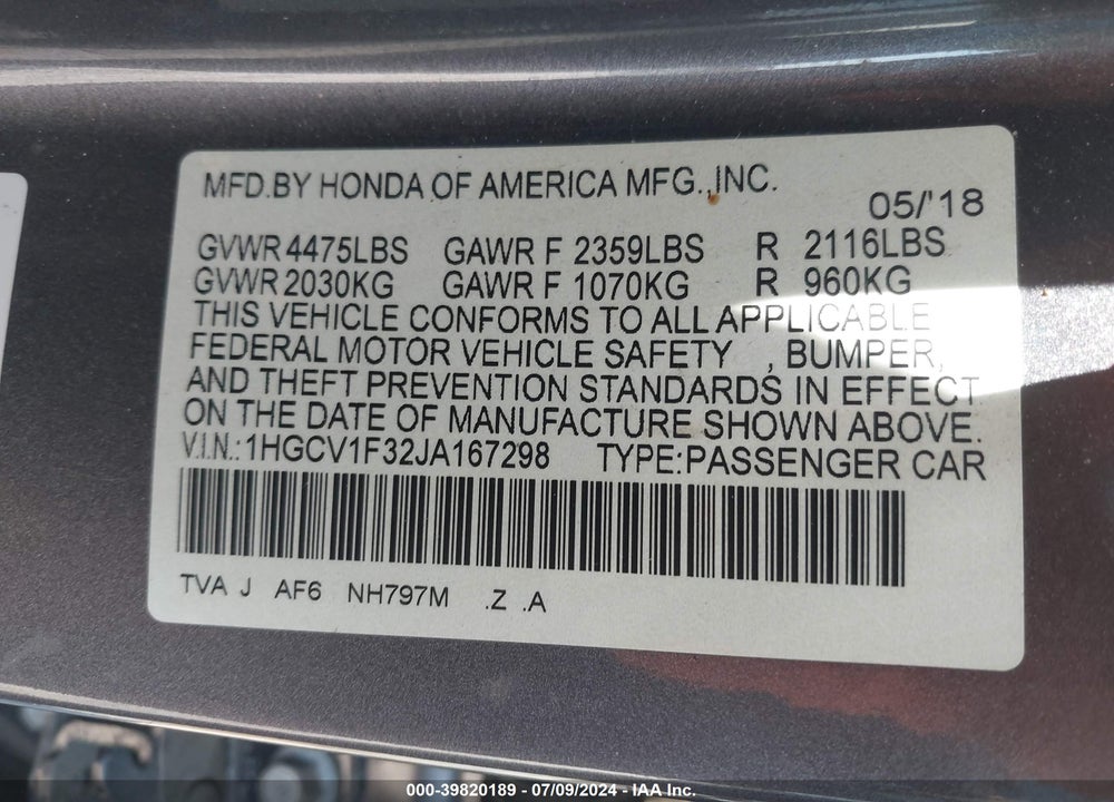 2018 HONDA ACCORD SPORT VIN: 1HGCV1F32JA167298