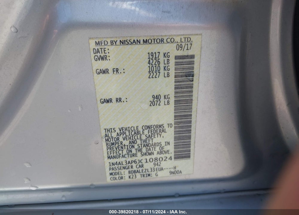 2018 NISSAN ALTIMA 2.5 S VIN: 1N4AL3AP6JC108024