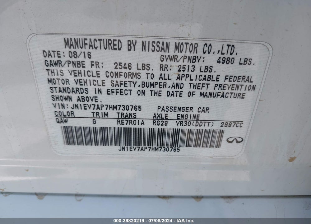 2017 INFINITI Q50 3.0T PREMIUM/3.0T SIGNATURE EDITION/3.0T SPORT VIN: JN1EV7AP7HM730765