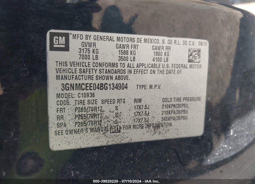 2011 CHEVROLET AVALANCHE 1500 LS VIN: 3GNMCEE04BG134904