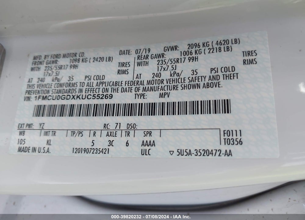 2019 FORD ESCAPE SE VIN: 1FMCU0GDXKUC55269