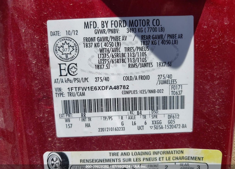 2013 FORD F-150 LARIAT VIN: 1FTFW1E6XDFA48782