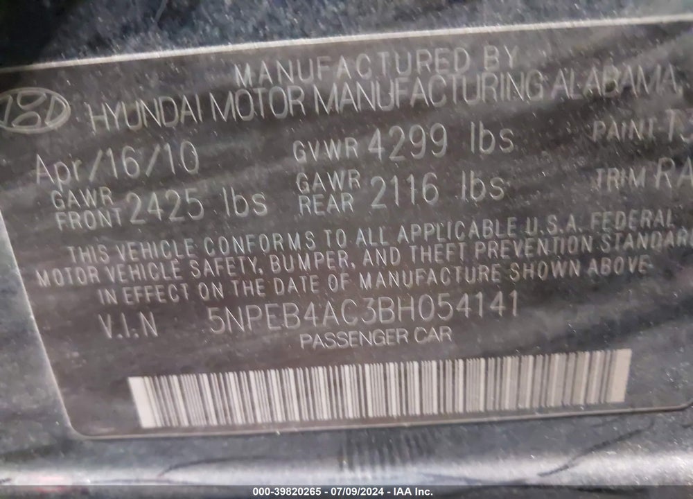 2011 HYUNDAI SONATA VIN: 5NPEB4AC3BH054141