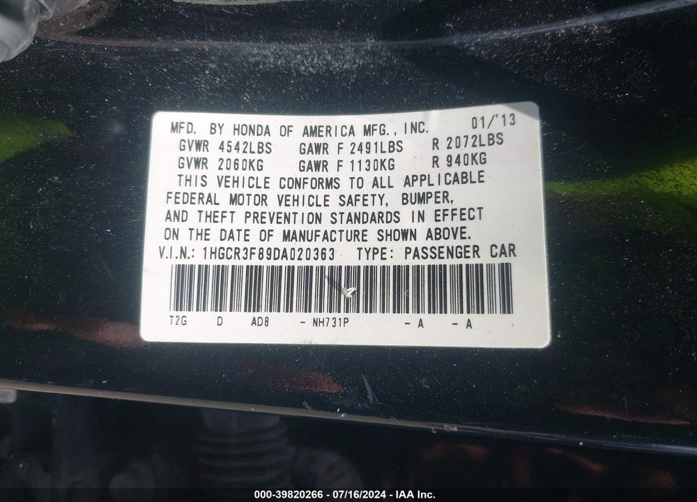 2013 HONDA ACCORD EX-L V-6 VIN: 1HGCR3F89DA020363