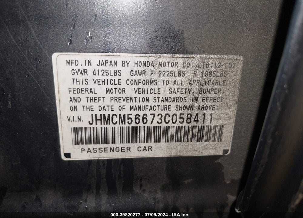 2003 HONDA ACCORD 2.4 EX VIN: JHMCM56673C058411