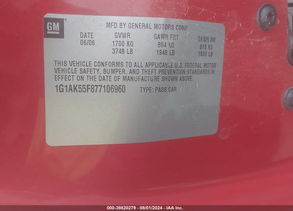 2007 CHEVROLET COBALT LS VIN: 1G1AK55F877106960