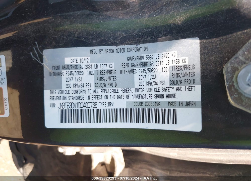 2013 MAZDA CX-9 GRAND TOURING VIN: JM3TB3DV1D0400788
