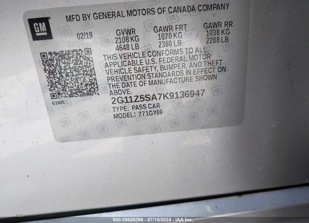2019 CHEVROLET IMPALA LT VIN: 2G11Z5SA7K9136947